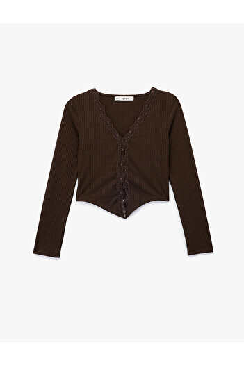 Koton Camisole Lace Detail V Neck Long Sleeve Button Asymmetrical Crop T-Shirt
