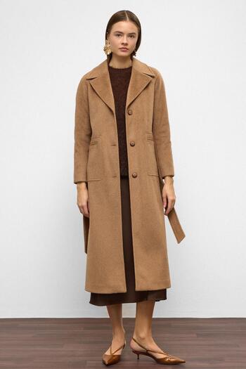 Olcay Reglan Sleeve Waist-Tied Moher Coat Kamel 3156