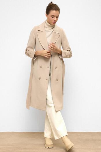 Olcay Waist-Tied Double-Breasted Medium-Length Coat Stone 3987-Y