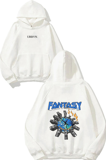 urbvn Fantasy Design Printed Oversize White Hooded Sweatshirt