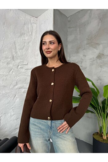 Elif Özbey Butik Coffee Sea Shell Buttoned Thick Cardigan