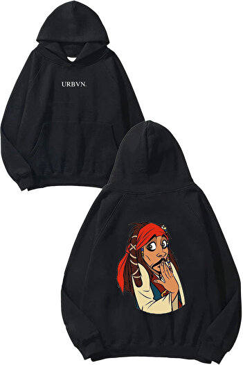 urbvn Captain Design Printed Oversize Black Hooded Sweatshirt