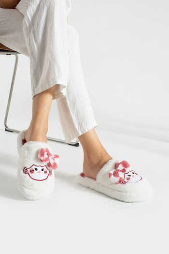 FootFrenzy Women's Plush House Slippers Soft Soled Winter Comfortable Slippers with Bow Tie and Character Figures