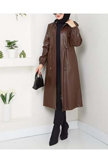 Modamorfo Hooded Leather Cap with Pockets, Lace-Up Waist, Elasticated Sleeves - Brown