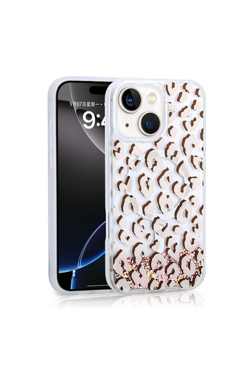 zore iPhone 14 Case Liquid Glitter Printed Transparent Back Surface Shrp Mossa Silicone Cover - Pink