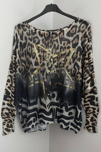 AYASOFYA OTANTIK Women's Italian Beige Geometric Leopard Print Foil Detailed Batwing Sleeve Mercerized Blouse Sweater