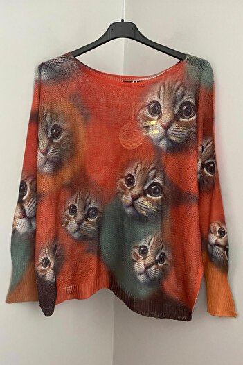 AYASOFYA OTANTIK Women's Italian Tile Cat Pattern Bat Sleeve Mercerized Blouse Sweater