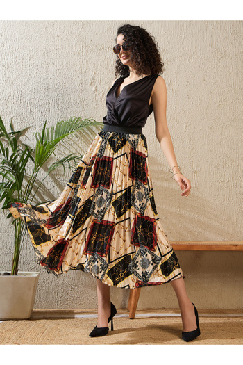 Stylestone By Styli Printed Satin Pleated A-Line Midi Skirt
