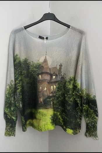 AYASOFYA OTANTIK Women's Italian Beige Forest House Patterned Bat Sleeve Mercerized Blouse Sweater