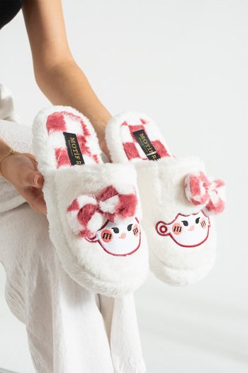 FootFrenzy Women's Plush House Slippers Soft Soled Winter Comfortable Slippers with Bow Tie and Character Figures