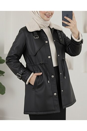 Modamorfo Tunnel Laced Leather Coat with Fur Inside, Snap Fasteners and Pockets - Black