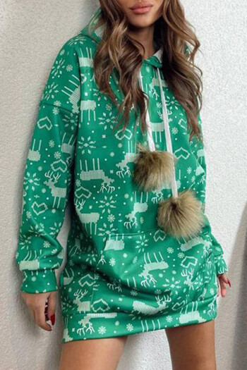 FashionForYou Ivona Christmas-themed sweatshirt dress with oversized tassels, Deer Heart, Green, M
