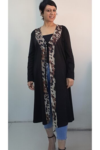 Mertcan Butik Black Front Piece Black Brown Latte Tulle Detailed Side Slit Combed Viscose Jacket