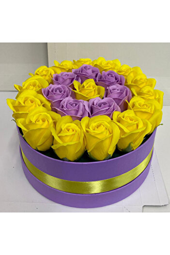 velve Special Eternity floral arrangement with 23 soap roses in a round box, Blue-purple