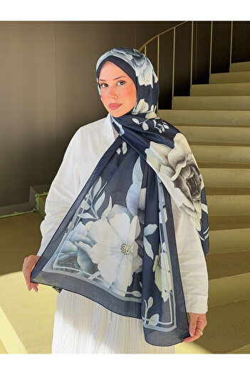 Mira İpek Patterned Cotton Soft Shawl Inspiration Series Dark Navy Blue Rose