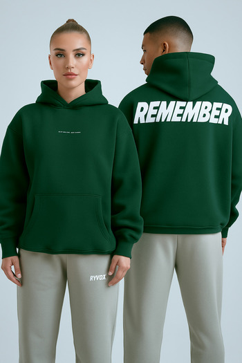 CLASSY.MODA Unisex Remember Text Printed Hooded Oversize 3 Thread Sweatshirt with Kangaroo Pocket
