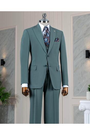 TerziAdemAltun Italian Style Slim Fit Jacket Vest Pants Suit Green T14580