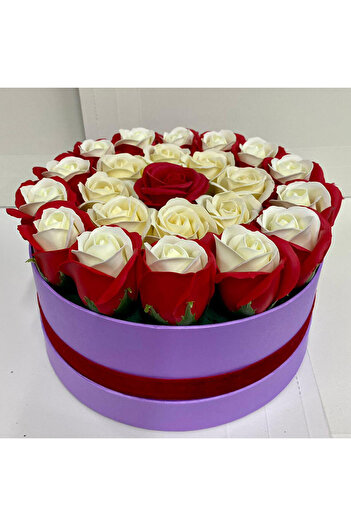velve Special Eternity floral arrangement with 23 soap roses in a round box, Red-cream