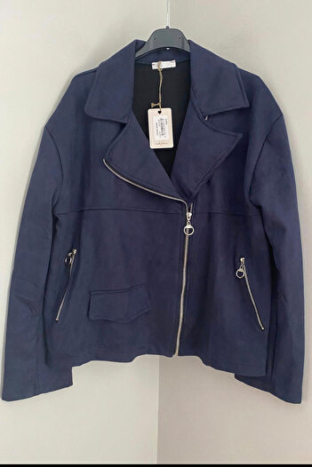 AYASOFYA OTANTIK Women's Italian Navy Blue Men's Collar Zipper Closure Suede Jacket