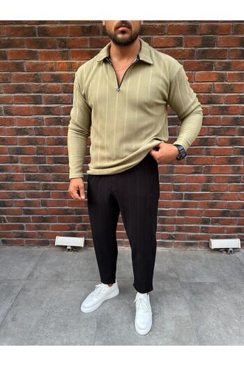 Baycombine35 Vertical Striped Ottoman Fabric Zipper Detailed Men's Tracksuit Set