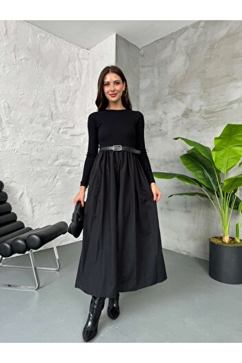 Elif Özbey Butik Siyah Kemerli Maxi Elbise