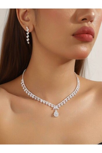 Ümaks Silvers Sparkling Zircon Stone Bridal Set – Necklace and Earring Set, Wedding & Special Occasion Accessory