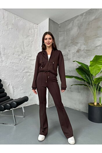 Elif Özbey Butik Bitter Brown Stitching Detail Zippered Sweat Suit