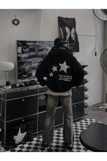 CLASSY.MODA Unisex Oversize Hooded Sweatshirt Back Large Star Printed Casual Daily Streetwear
