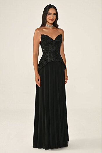 ALFABETA Black Strapless Sequin Corset with Long Chiffon Skirt Evening Dress