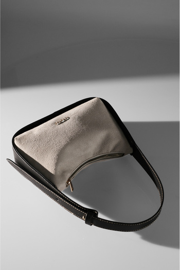 Rimense Women's Beige Suede Black Faux Leather Hand and Shoulder Bag