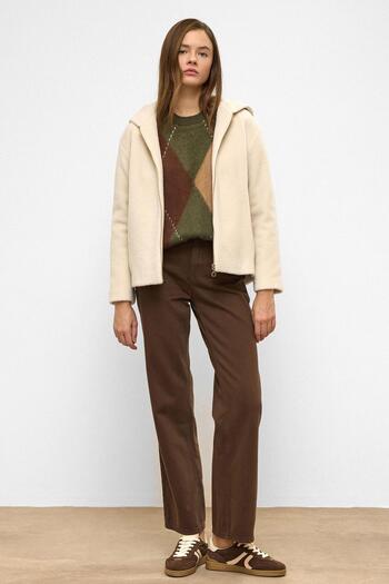 Olcay Hooded Zipper Detailed Oversize Short Coat Beige 3130