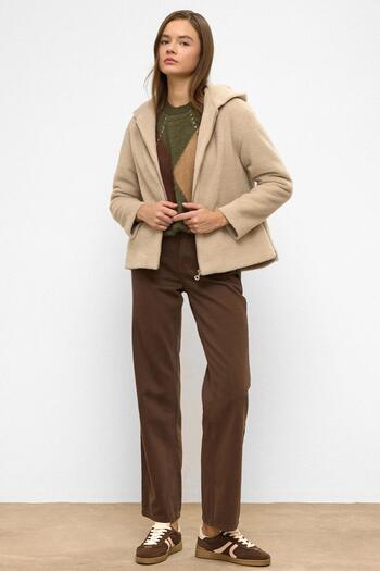 Olcay Hooded Zipper Detailed Oversize Short Coat Dark Beige 3130