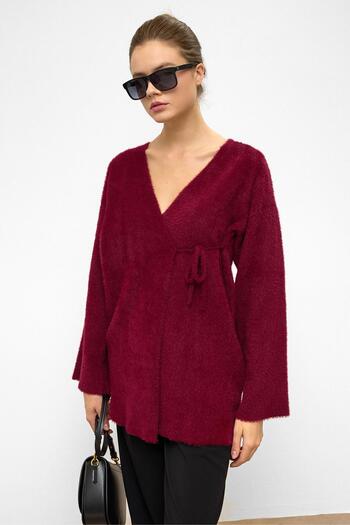 Olcay Lace-Up Closure Soft Knitwear Cardigan Bordo 8269