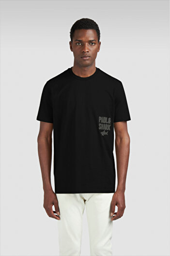 PAUL&SHARK Men's Regular Fit Round Neck 100% Cotton Logo Embossed Short Sleeve Black T-Shirt 15311634-011