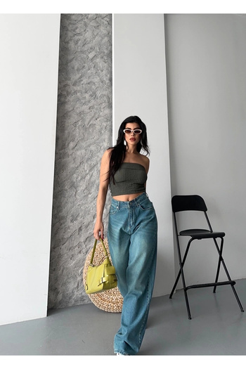Işıltı kidss Baggy Stone Enzyme Whisker Wash Jeans Pants Green Tint D2007
