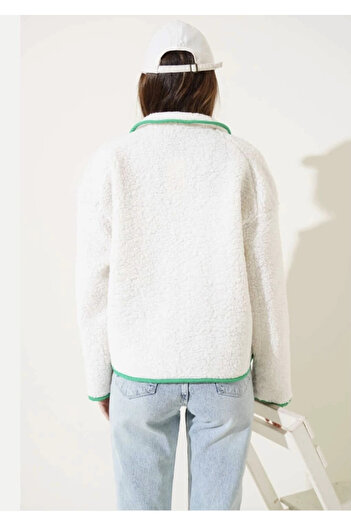 Işıltı kidss Green Zipper Pocket Lamb Coat White T1085
