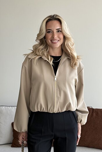 Laluvia Camel Crop Bomber Ceket