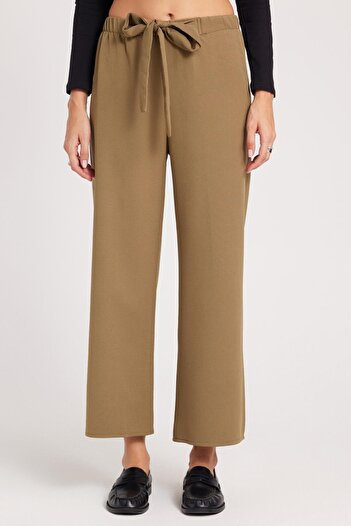 Tudors Women's Relax Fit Comfortable Cut Elastic Waistband Tie-Up Wide Leg Khaki Pants