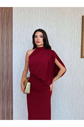 ESRAHELVACI Tek Omuz Drapeli Uzun Elbise