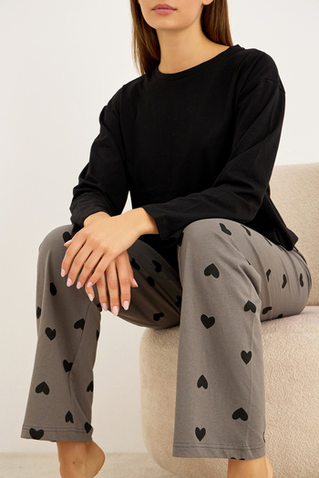 Siyah İnci Grey Black Heart Patterned Cotton Knitted Pajama Set7948