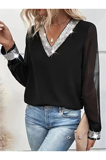 ARONA Mdb Women's Long Sleeve V Sequin Collar Imported Crepe Blouse