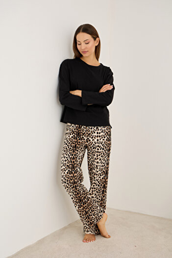 Siyah İnci leopar desenli Pamuklu Örme Pijama Takım7948