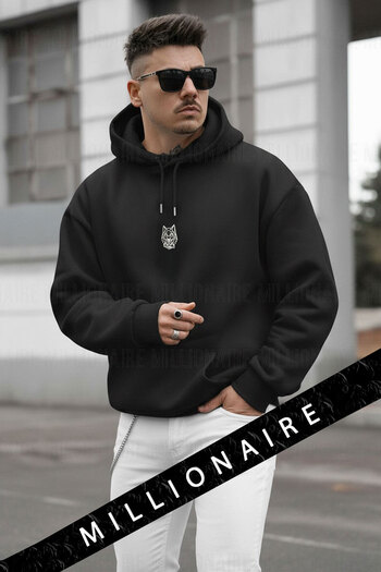 Millionaire Ανδρικό μαύρο φούτερ με κουκούλα Alpha Wolf Oversize 3 κλωστών με ριχτάρι, χαλαρή εφαρμογή