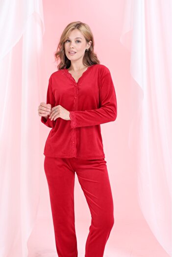 Elit Women's Front Buttoned Velvet Lace Collar Detailed Red Pajama Set