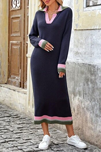Mossta Striped Detailed Long Sleeve Knitwear Dress - Black