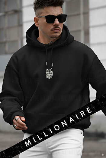 Millionaire Ανδρικό μαύρο φούτερ με κουκούλα Alpha Wolf Oversize 3 κλωστών με ριχτάρι, χαλαρή εφαρμογή