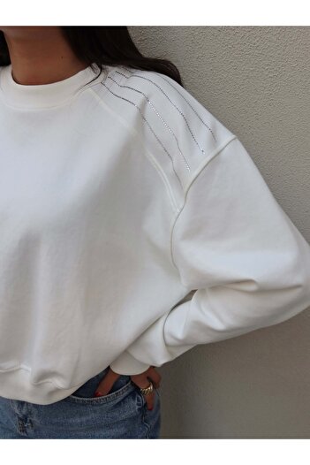 ESRAHELVACI Crew Neck Shoulder Stone Detail Sweatshirt