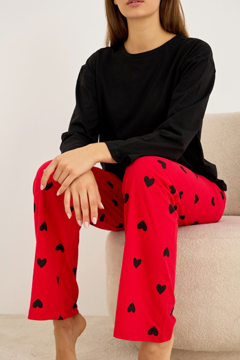 Siyah İnci Red Heart Patterned Cotton Knitted Pajama Set7948