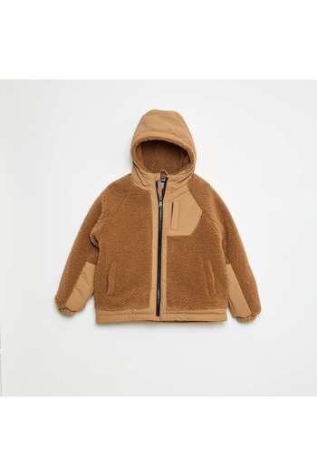KIABI Fleece Effect Two-Tone Hooded Jacket BEIGE