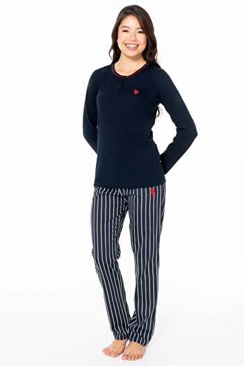 U.S. Polo Assn. Women's 100% Cotton Seasonal Buttoned Collar Long Sleeve Pajamas Home Wear